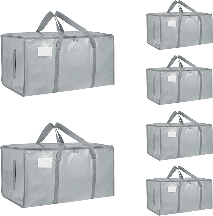 6 Pack-Extra Large Heavy Duty Moving Bags - Waterproof Storage Totes with Handles & Zippers, Foldable for College Dorm, Storage (light gray)