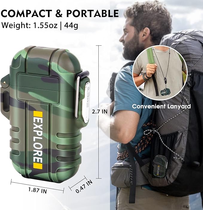 LcFun Electric Dual Arc Lighter USB Rechargeable Outdoor Windproof Flameless Plasma Lighters for Camping, Hiking, Waterproof Matches Survival Tactical Gear Birthday Gifts for Men