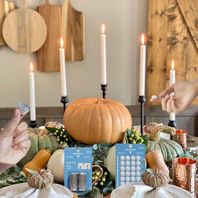 Taper Candle Fittings Set 30 Silver Bobeches & 24 White Sticky Dots for Secure Placement in Taper Candle Holders