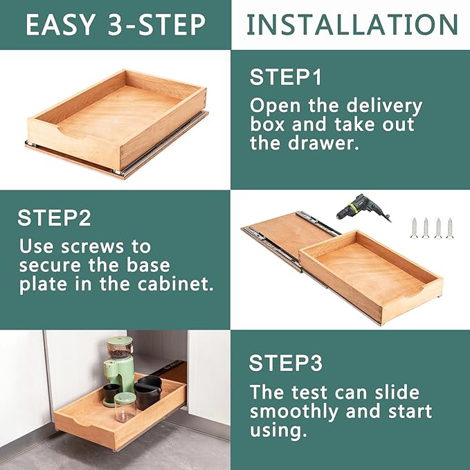 Pull Out Drawers for Kitchen Cabinets, Pull Out Cabinet Organizer, Fully Assembled Wood Cabinet Pull Out Drawer, Fast and Easy DIY Installation, 11”W x 21”D