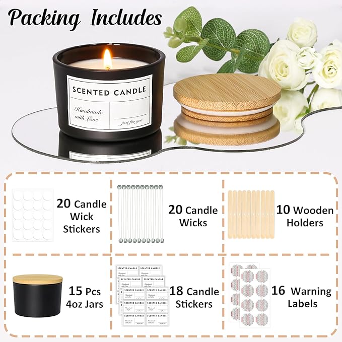 SUPMIND 4oz Candle Jars 15 Pack, Small Black Glass Empty Candle Jars for Making Candles with Bamboo Lids and Wick Kit, Wide Mouth Candle Container Bulk, Ideal for Candle Business Owners