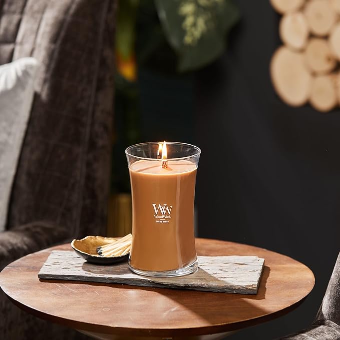 WoodWick Large Hourglass Candle Santal Myrrh - Premium Soy Blend Wax Pluswick Innovation Wood Wick Made in USA