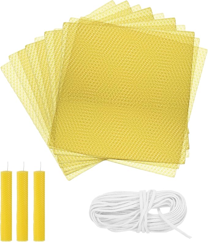 MECCANIXITY Beeswax Candle Making Kit,8x8 Inch 10pcs Yellow Beeswax Candle Sheets with 1pcs Cotton Wick for DIY Craft Gift Making