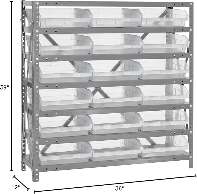 Quantum Storage Systems 1239-109CL Clear-View Sloped Shelving Unit with 4" Shelf Bins, 18 QSB109 Shelf Units, 12" D x 36" W x 39" H