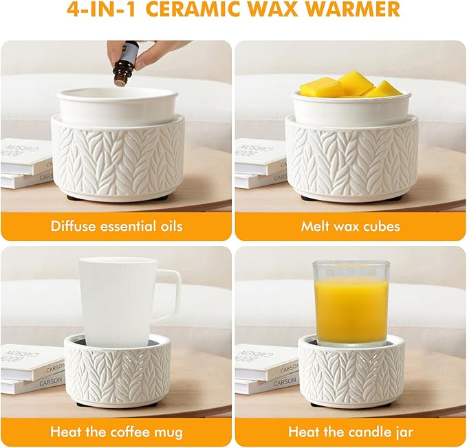 EQUSUPRO Wax Melts Warmer Candle Warmer - Wax Melt Warmer for Scented Wax 4-in-1 Ceramic Wax Burner Electric Fragrance Wax Melter for Home Office Gift & Decor (Large Size Leaf)
