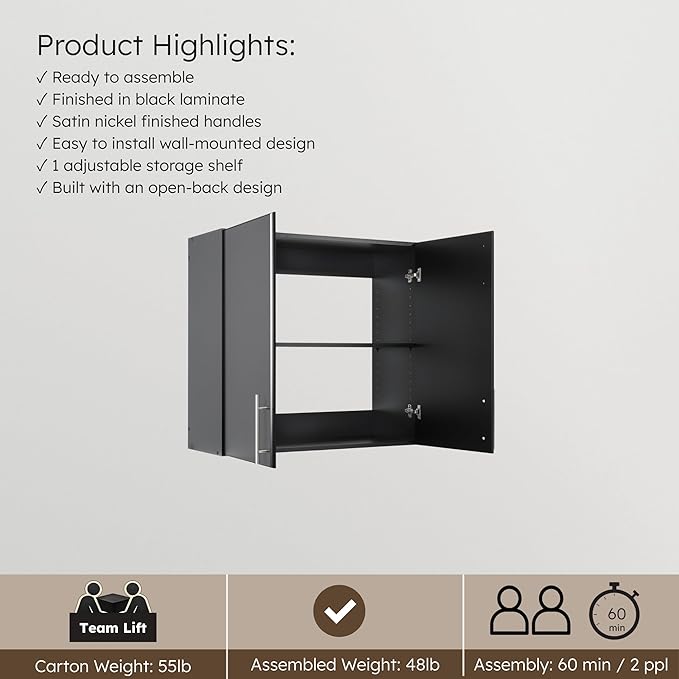 Prepac Elite 32" Wall Cabinet, Black Storage Cabinet with 1 Adjustable Shelf for Kitchen, Bathroom, 12" D x 32" W x 30" H, BEW-3230