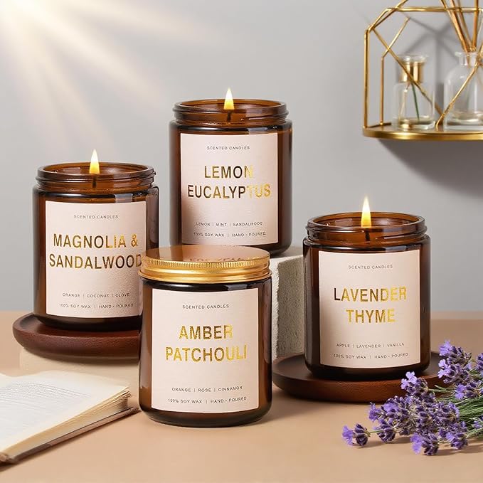 Candles for Home Scented, 4 Pack Soy Candle Non Toxic, Spring Aroma Candles with Lavender Thyme,Magnolia & Sandalwood,Amber Patchouli,Lemon Eucalyptus - Candle Gifts Set for Women & Mothers Day