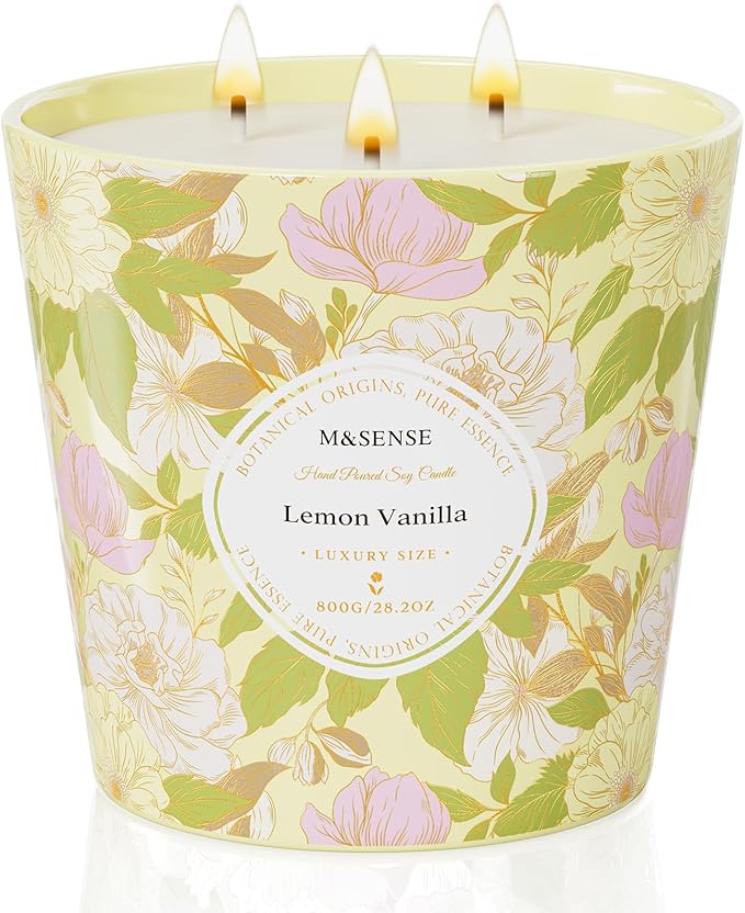 M&SENSE Lemon Vanilla Scented Candle, 28.2oz 3 Wick Natural Soy Wax Large Candles, Long Lasting Clean Slow Burning No Toxic Décor for Home Relaxation, Romantic Dates & Gift-Giving