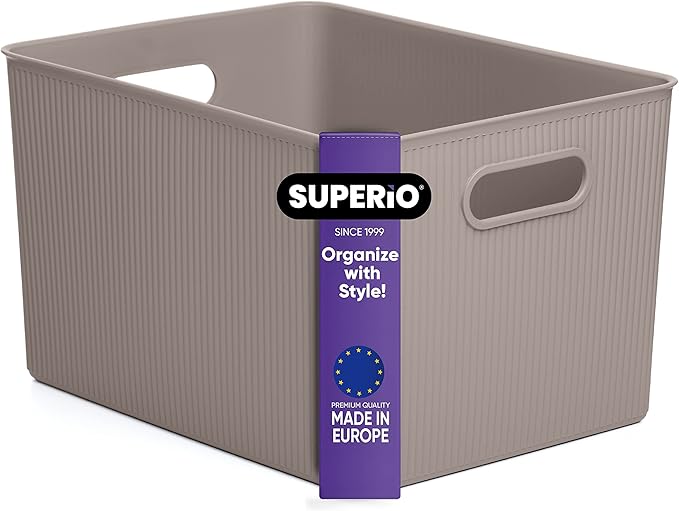 Superio Ribbed Collection - Decorative Plastic Basket Open Home Storage Bins Organizer, X-Large Taupe (1 Pack) Container Boxes for Organizing Closet Storage Bins for Shelves 22 Liter/23 Quart