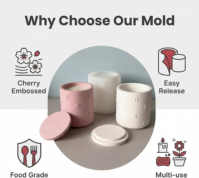 3D Cherry Emboss Lidded Cylinder Silicone Mold, Candle Holder Storage Jar Mold for DIY Candle, Plaster Ornament, Minimalist Home Decor & Craft Making