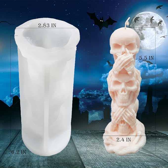 3D Skull Candle Mold Column Halloween Silicone Resin Mold for Aromatherapy Candles Resin Casting Homemade Wax Making Polymer Clay DIY Craft
