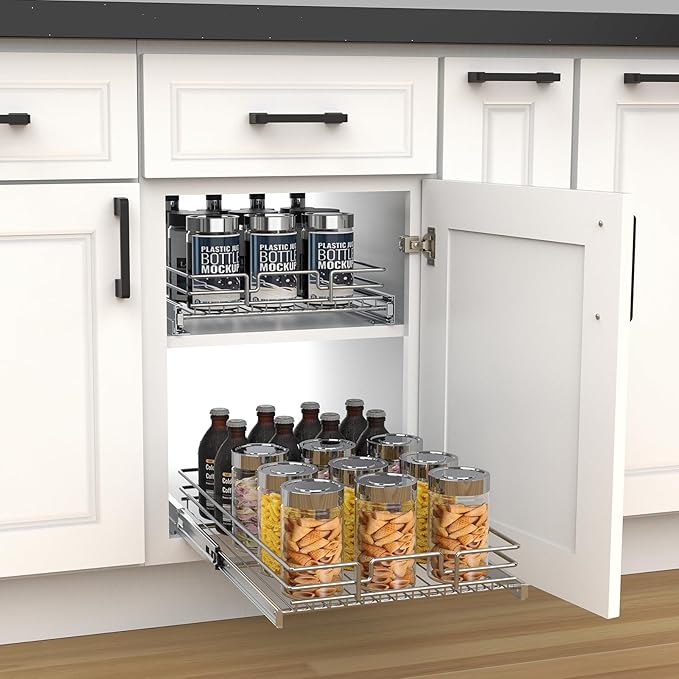 Pull Out Cabinet Organizer, Heavy-Duty Metal Sliding Drawer Shelf for Kitchen Cabinets, Chrome, Doesn't Include Door Fittings (14 * 21 IN)