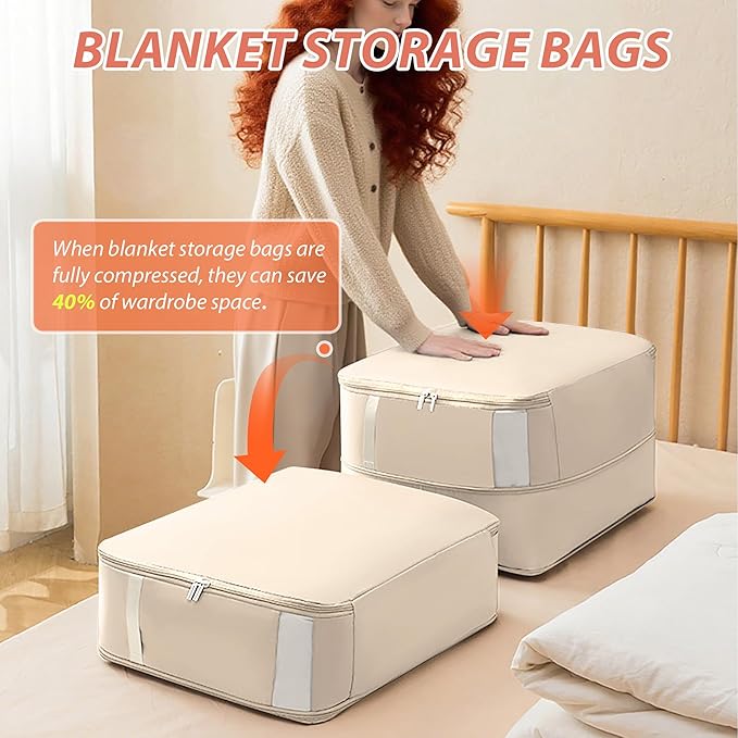 Veki Comforter Storage Bag, Space Saving Self Compression Foldable Blanket Storage Bags, Closet Organizer With Handle and VisualiZation Window, Large capacity 130L for Bedding, Clothes (Apricot L)