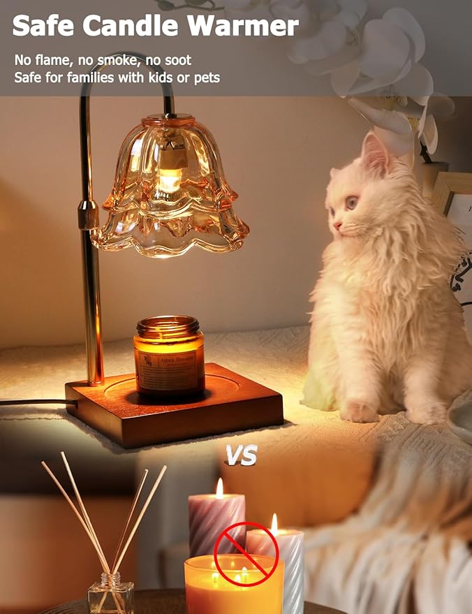 Flower Candle Warmer Lamp with Timer, Gold Lamp Candle Warmer Adjustable Dimmable, Electric Wax Warmer Lamp for Large Jar Candles Melt with 2 Bulbs, Gifts for Men Women Birthday Home Decor