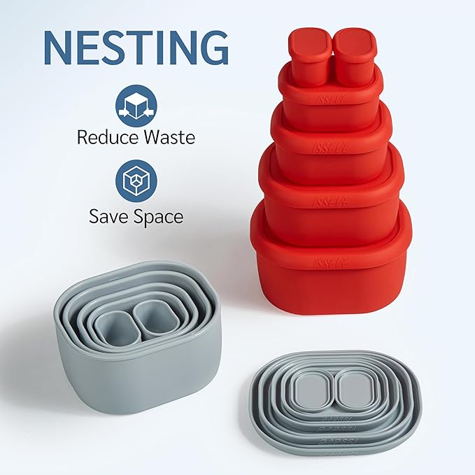 ISSEVE 12Pcs/Set Nesting Silicone Food Storage Containers with Lids, BPA Free Reusable Meal Prep Silicone Containers Airtight, Freezer Dishwasher Safe (33.8oz, 20oz, 10oz, 6.7oz, 1.3oz) (Red)