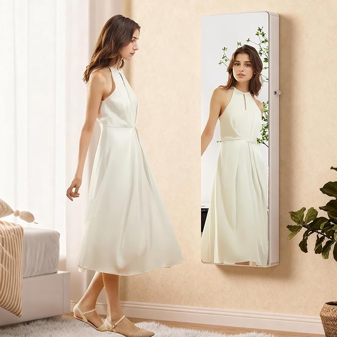 Lvifur 47.2" LED Jewelry Mirror Cabinet,Lockable Wall/Door Mounted Full Length Mirror with Storage, Over the Door Hanging Jewelry Organizer-2 Drawers,Foldable Shelf, Built-in Lighted Mirror (White)