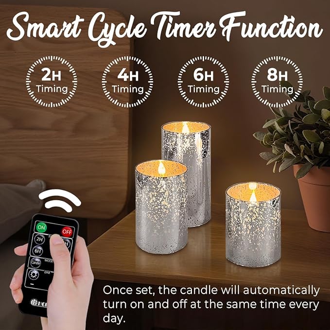 Rechargeable Flameless Candle, Flickering LED Pillar Glass Fake Candle with Remote and Timer, Built-in Battery Real Wax Electronic Candle for Room Decoration, Set of 3