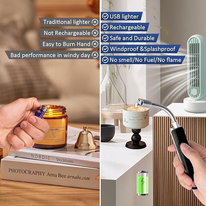 Lighters for Candle,Flameless Plasma Arc Electric Lighter USB C Rechargeable, Long Flexible Neck with Safety Switch for Birthday, Fireplace, Stocking Stuffers Gifts (Black)