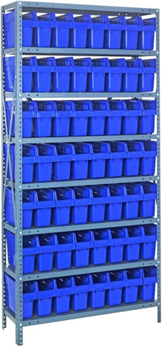 Quantum Storage Systems 1275-SB801BL Solid Heavy Duty 8 Shelves 56 STORE-MAX Blue Bins 75" H x 36" W x 12" D