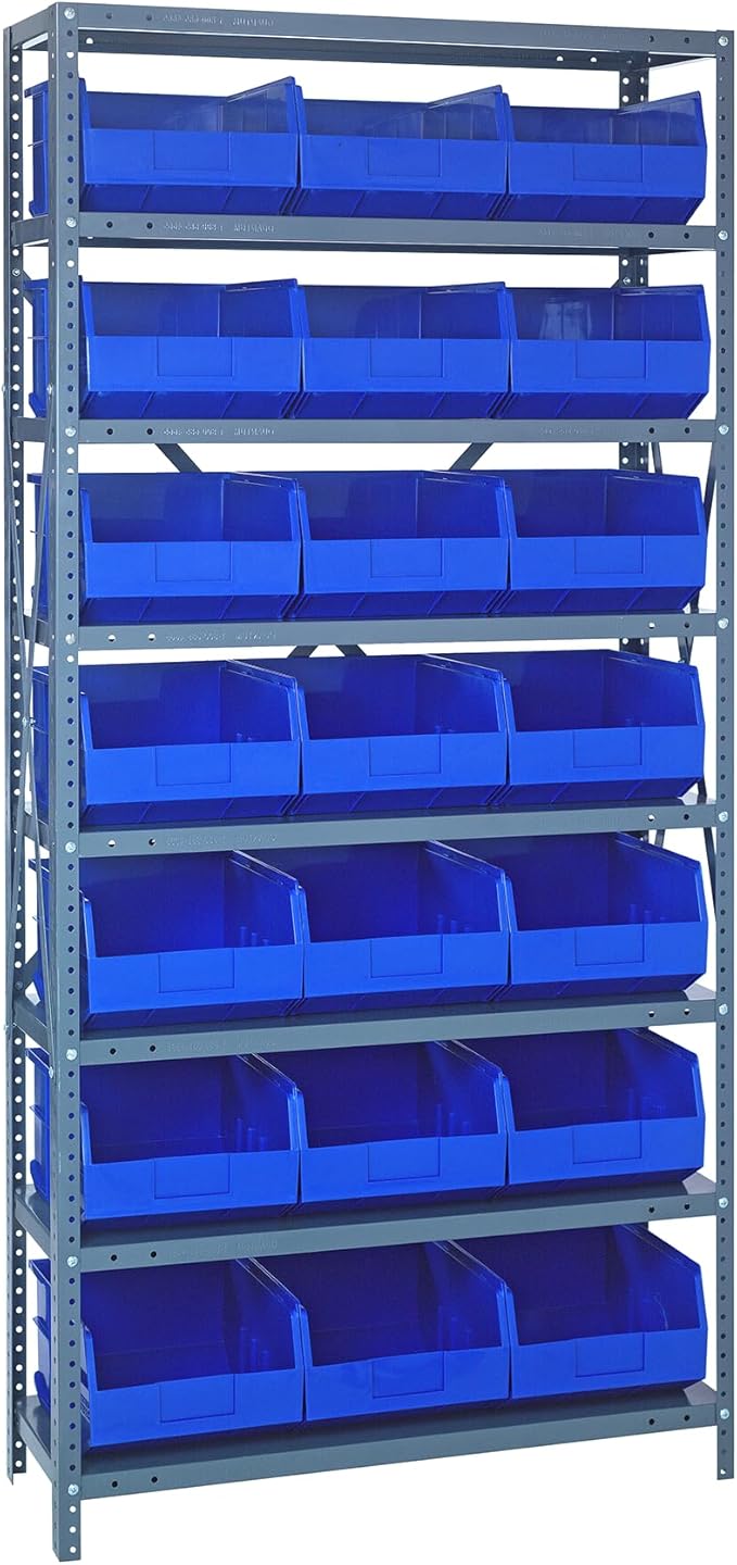 Quantum 2475-485BL Heavy Duty Shelving Unit with (8) Shelves and (21) SSB485 Blue Bins for Industrial Warehouse Storage Distribution | 400 lbs Capacity | 24"D x 36"L x 75"H, Galvanized Carbon Steel