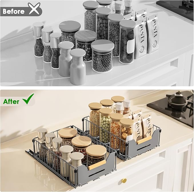 Pull Out Cabinet Organizer, Slide Out Drawers for Cabinets, Peel and Stick, Heavy Duty Shelves for Kitchen, Cupboard, Pantry, Bathroom, Short - Gray
