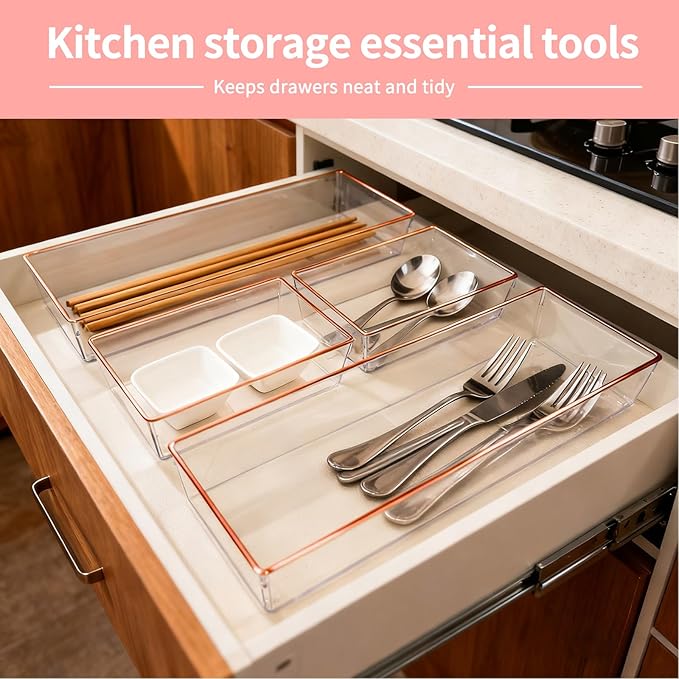 12 Pack Large Size Clear Stackable Drawer Organizer Trays, Rose Gold Rim Makeup Drawer Storage Tray Divider, Desk Storage for Makeup, Jewelry, Bathroom, Stationary, Kitchen Utensils and Office Desk