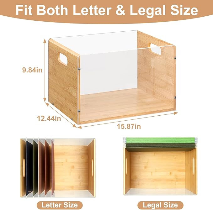 Sbanmao Letter/Legal Bamboo Acrylic File Box Organizer, Hanging File Folder Storage Boxes, Decorative Document Crate Transparent Filing Bin with Handle for Home Office Desk