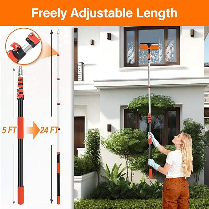 30FT Telescoping Window Squeegee Kit | 2-in-1 Professional Window Washer & Microfiber Scrubber with Extension Pole | High Reach Cleaning Tool for Outdoor, Indoor Windows & Glass