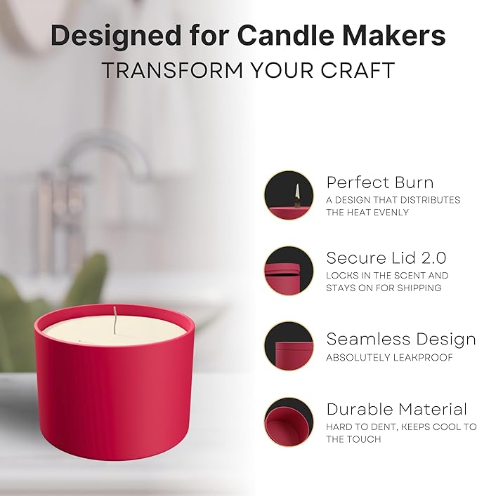 True Candle Tins for Making Candles - 24 Pack of 8 oz Black Candle Containers Bulk 8oz - Empty tins with lids for Candles - Premium Metal Jars, DIY Vessels | Painted Outside and Inside | RED