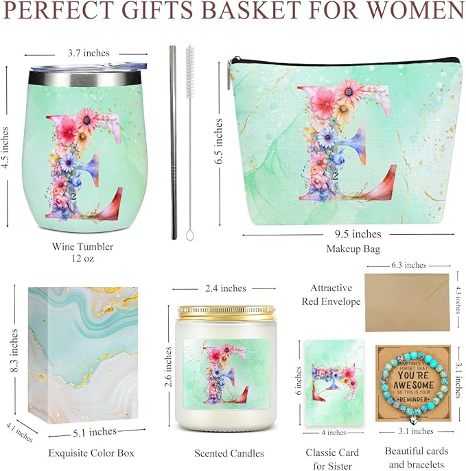Personalized Gifts Monogrammed Birthday Gifts for Women, Daughter Bestie Friendship Christmas Halloween Initial Wine Tumbler Makeup Bag Scented Candle Bracelet Set, (Aesthetic Green Flower E)