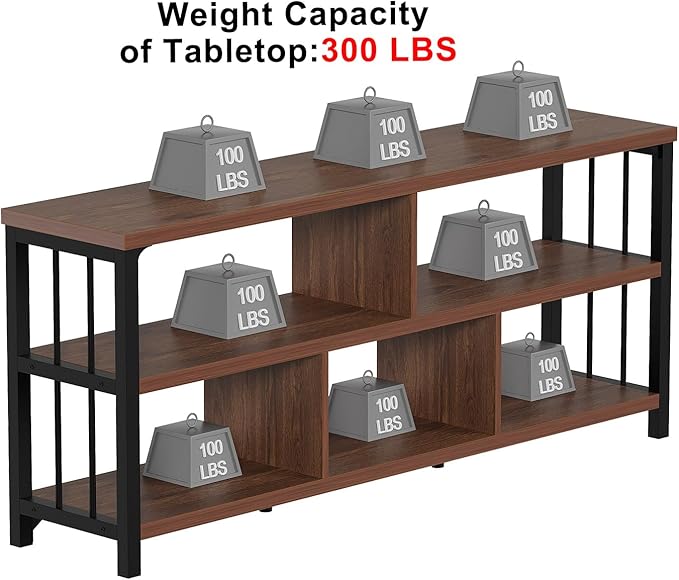 IBF Long Bookshelf, 63” Wide Low Open Book Shelf, Industrial 5 Cube Horizontal Bookcase for Bedroom Home Office, 3 Tier Wood Metal Cubby Storage Organizer Shelf for Living Room, Walnut, 63 Inch