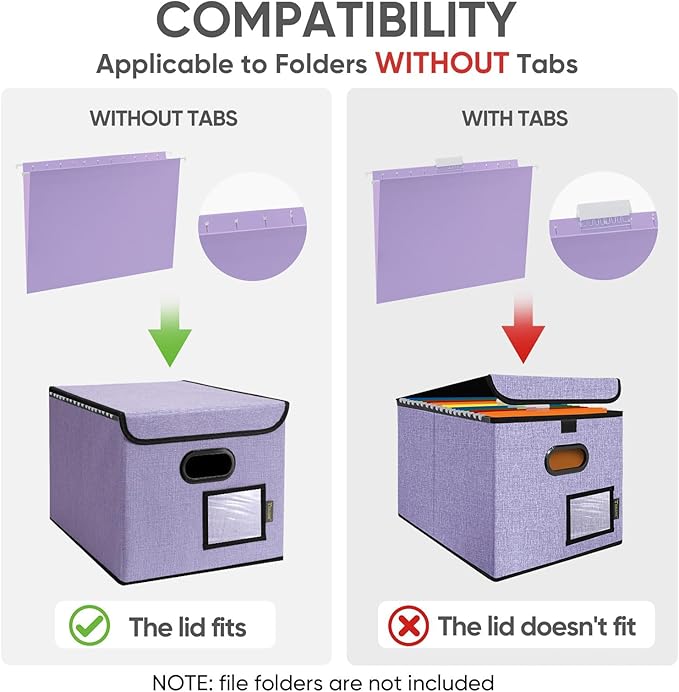 BALEINE File Organizer Box with Lid, Collapsible File Folder Organizer with Plastic Slide, Hanging File Folder Box for Office Document Storage (1 Pack, Purple)