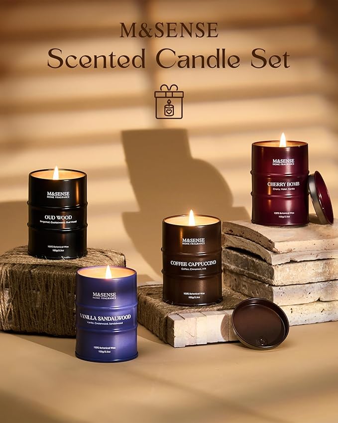 M&SENSE Spring Candles Set | Holiday Scented Candles Gift Set | 4 Pack Candles for Home Scented Candle,Cherry Vanilla Oud Sandalwood Coffee Candle,Gift Set for Women and Men,Soy Wax 14 oz