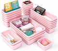 25 PCS Drawer Organizer Set, 4 Size Makeup Drawer Divider Organizer With Non-Slip Pads, Interlocking Plastic Storage Bins for Office,Jewelry Vanity,Gadgets, Bathroom,Kitchen, Pink