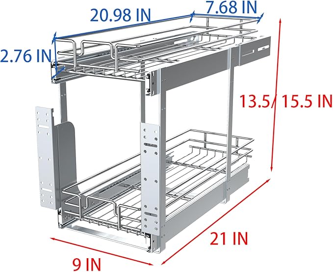 2 Tier Pull Out Cabinet Organizer, 9" W x 21" D Heavy-Duty Metal Sliding Drawer Shelf for Kitchen Cabinets, Chrome, Doesn't Include Door Fittings