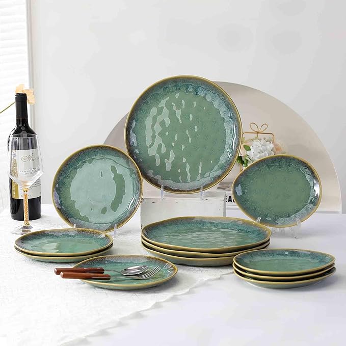 Henten Home Ceramic Appetizer Plates, 6.75 Inch Porcelain Dessert Plate, Cake, Snack Plates Set of 4, Salad Plate for Kitchen, Holiday Gifts, Dishwasher Safe (Green)