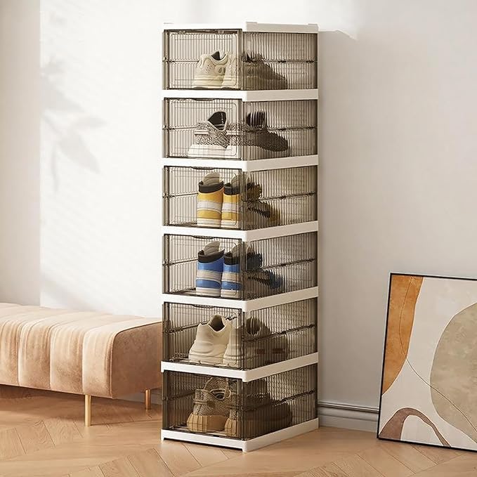 Shoe Storage Organizer Box 6-Tier Foldable Collapsible Stackable Shoe Rack Bins, Fit Size 12, No Assembly, for Men and Women (Transparent gray)