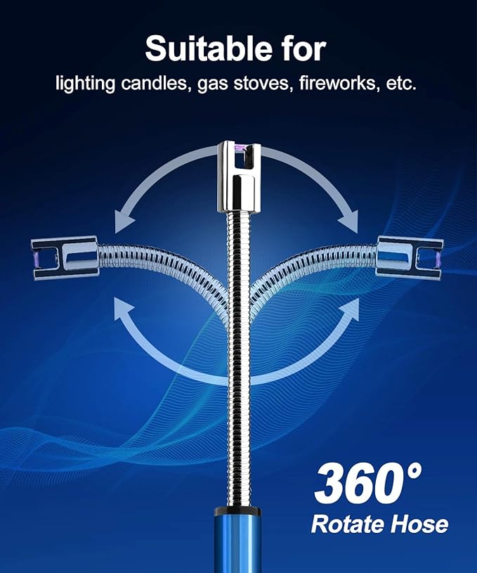 Candle Lighter, USB Charging Flame Candle Electronic Arc Lighter with LED Battery Display Safety Switch, Longer Flexible Neck for Camping BBQ Gas Stoves and Fireworks (Blue)