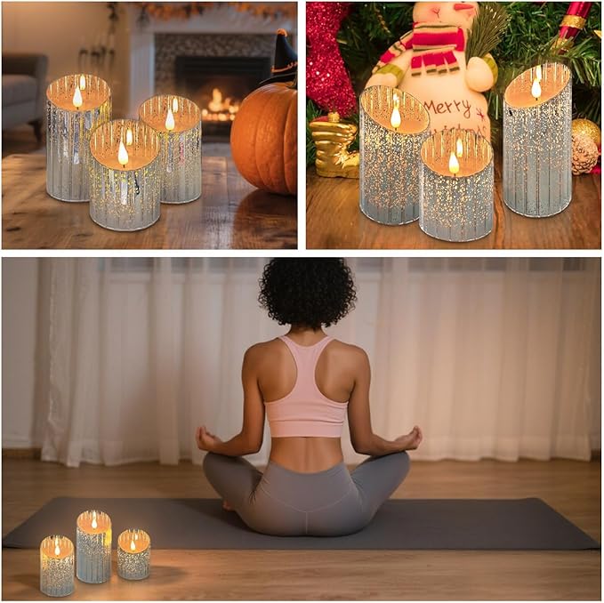 Rechargeable Flameless Candle, Flickering LED Pillar Glass Fake Candle with Remote and Timer, Built-in Battery Real Wax Electronic Candle for Room Decoration, Set of 3
