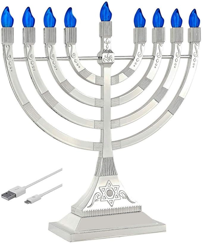 Zion Judaica 12" LED Chanukah Menorah with Flame Shaped LED Bulbs Electric Menorah USB Powered or Batteries Electronic Minorah - 4' Cable Included Hanukkah Battery Menorahs Silver