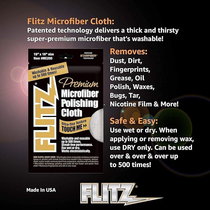 Flitz Premium Microfiber Polishing Cloth (400 GSM) - 16" x 16" USA-Made Grey Lint Free Microfiber Cleaning Cloth - Washable and Ultra Absorbent Micro Fiber Towel for Cars, Metals, & More (4 Pack)