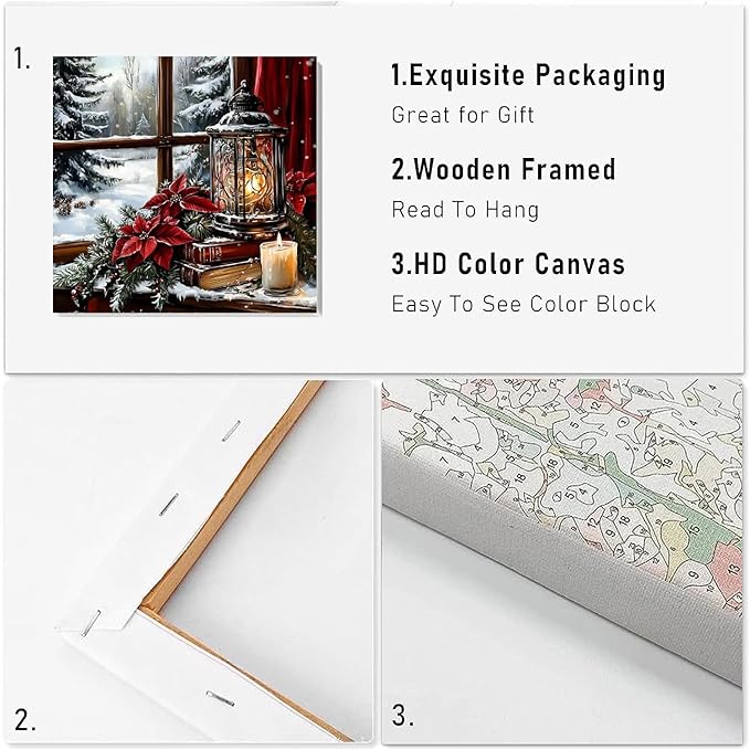 VIGEGU Christmas Paint by Numbers Kit for Adults with Framed,Lantern Candle Paint by Number DIY Adult Paint by Number Kits for Wall Decor 12x12in