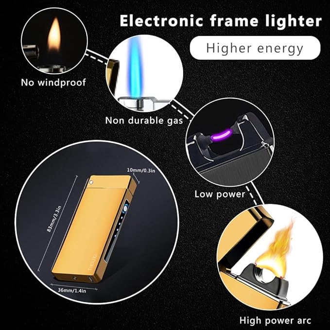 Electric Lighter Rechargeable, Windproof Arc Lighter USB Plasma Lighters with Visual Battery, Cool Vintage Lighters Custom Design, Zinc Alloy Body for Outdoor Camping Candle Gift（Gold）