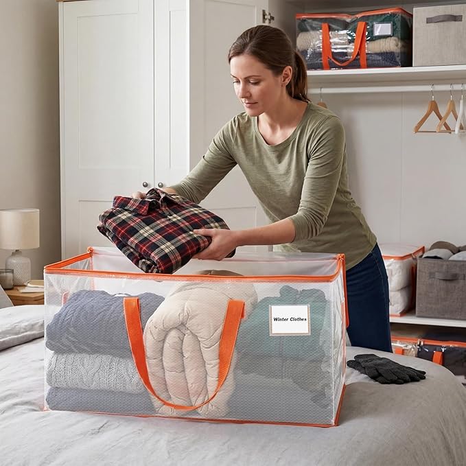 KYODOLED Clear Moving Bags with Orange Handles, 10-Pack Heavy Duty Storage Totes for Clothes & Bedding, Extra Large 27"x14"x15" (24 Gal), Foldable Transparent Organizer with Label Pocket, PP Material