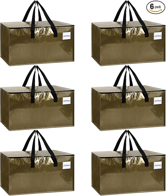 6-Pack Extra-Large Heavy-Duty Moving bags with Reinforced Handles, Durable Zippers & Waterproof Material — Perfect for Space-Saving, Moving, Shipping and Travel (Smoked Gold)