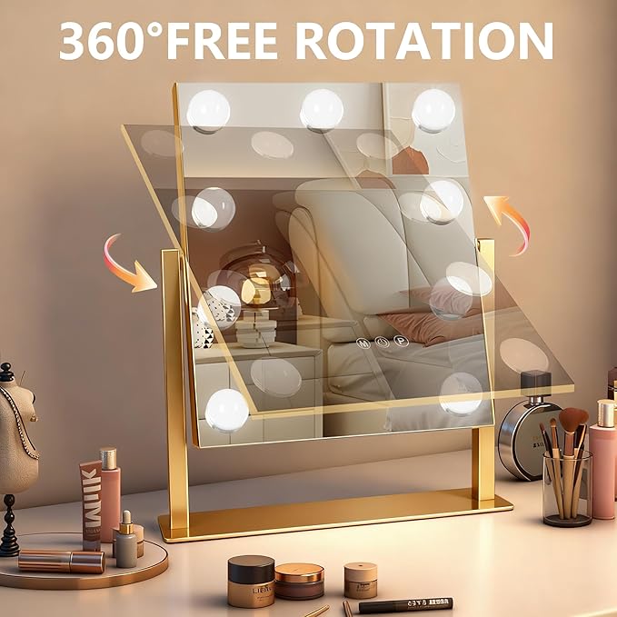 Ratsamee Gold Hollywood Vanity Mirror with Lights, 9 Dimmable Bulbs, 3 Color Lights,Make Up Lighted Mirror, 10x Magnification 360°Rotation(12" x 14")