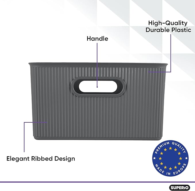 Superio Ribbed Collection - Decorative Plastic Basket Open Home Storage Bins Organizer, Large Grey (1 Pack) Container Boxes for Organizing Closet Storage Bins for Shelves 15 Liter/16 Quart