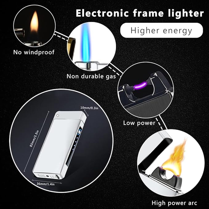 Plasma Lighter Rechargeable, Windproof USB Lighters Arc Cool Lighter with Projection Stone, Visual Battery Auto-Off, Vintage Custom Lighters Design for Outdoor Camping Candle Gift（Silver）