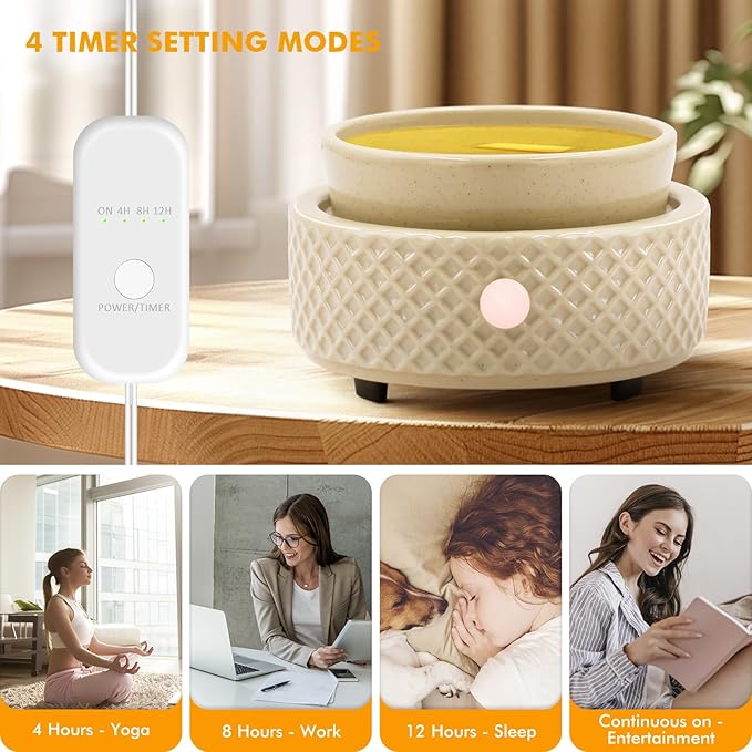Wax Melt Burner Warmer with Timer Ceramic 4-in-1 Electric Candle Warmer Auto Shut-Off for Scented Wax Melts, Candle Jars, Essential Oil, Coffee Cup Warmer Home Decor Fragrance Gifts for Women - Beige