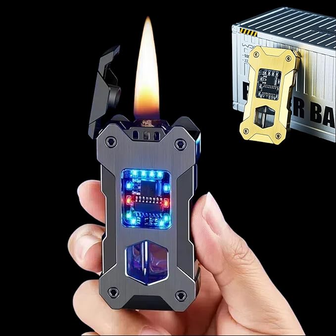 Smart Kerosene Lighter 4-Ignition Methods, Voice Activated Soft Flame Lighter, Metal Mecha Style Refillable Lighters with Cool Colorful Breathing Light (Brushed Gold, No Fuel)